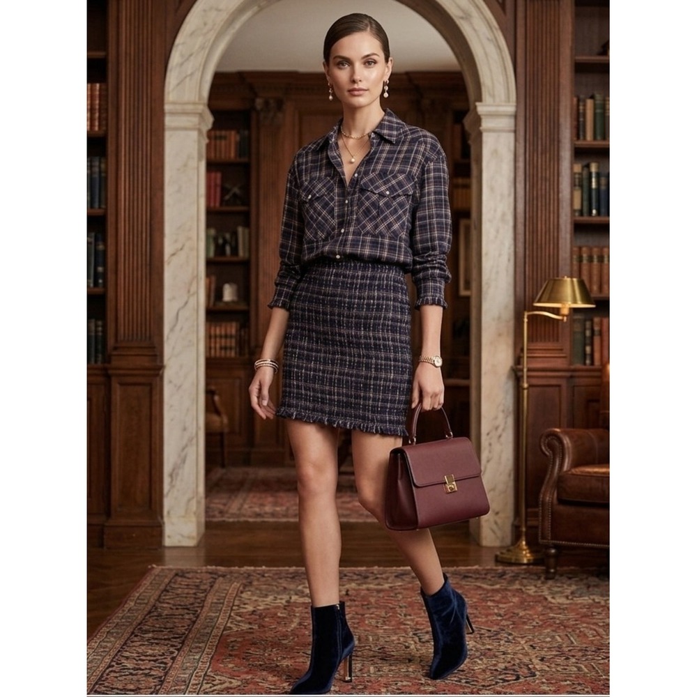 Veronica Beard Plaid Metallic Snap Front Smocked Mini Dress Navy 4 Quiet Luxury